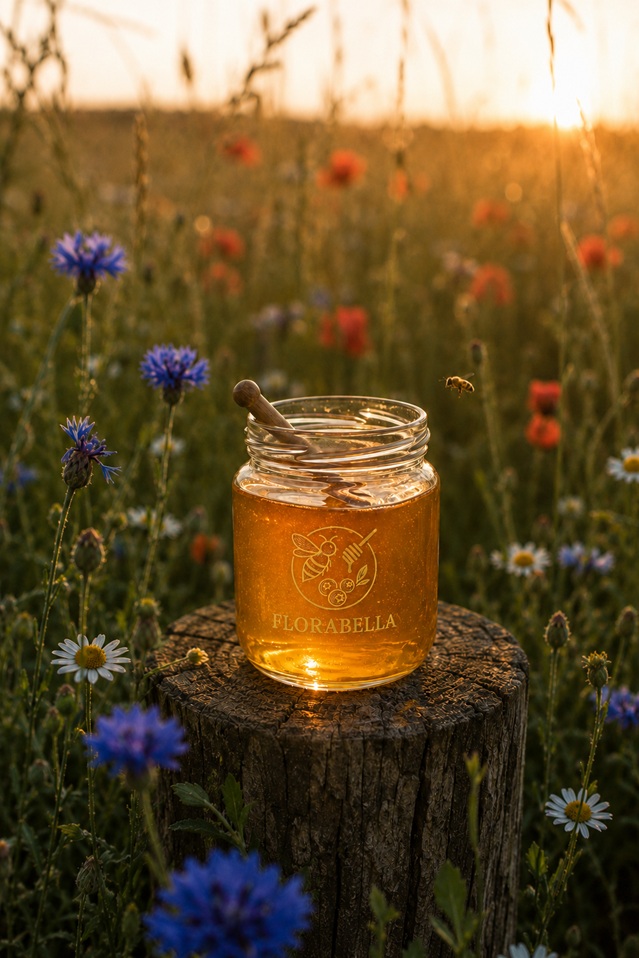 Jar of Florabella wildflower honey in a flowering meadow