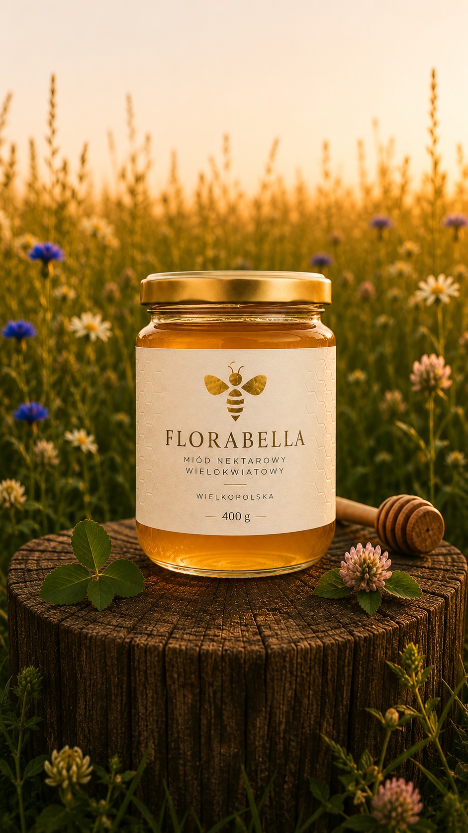 Jar of Florabella wildflower honey in a flowering meadow