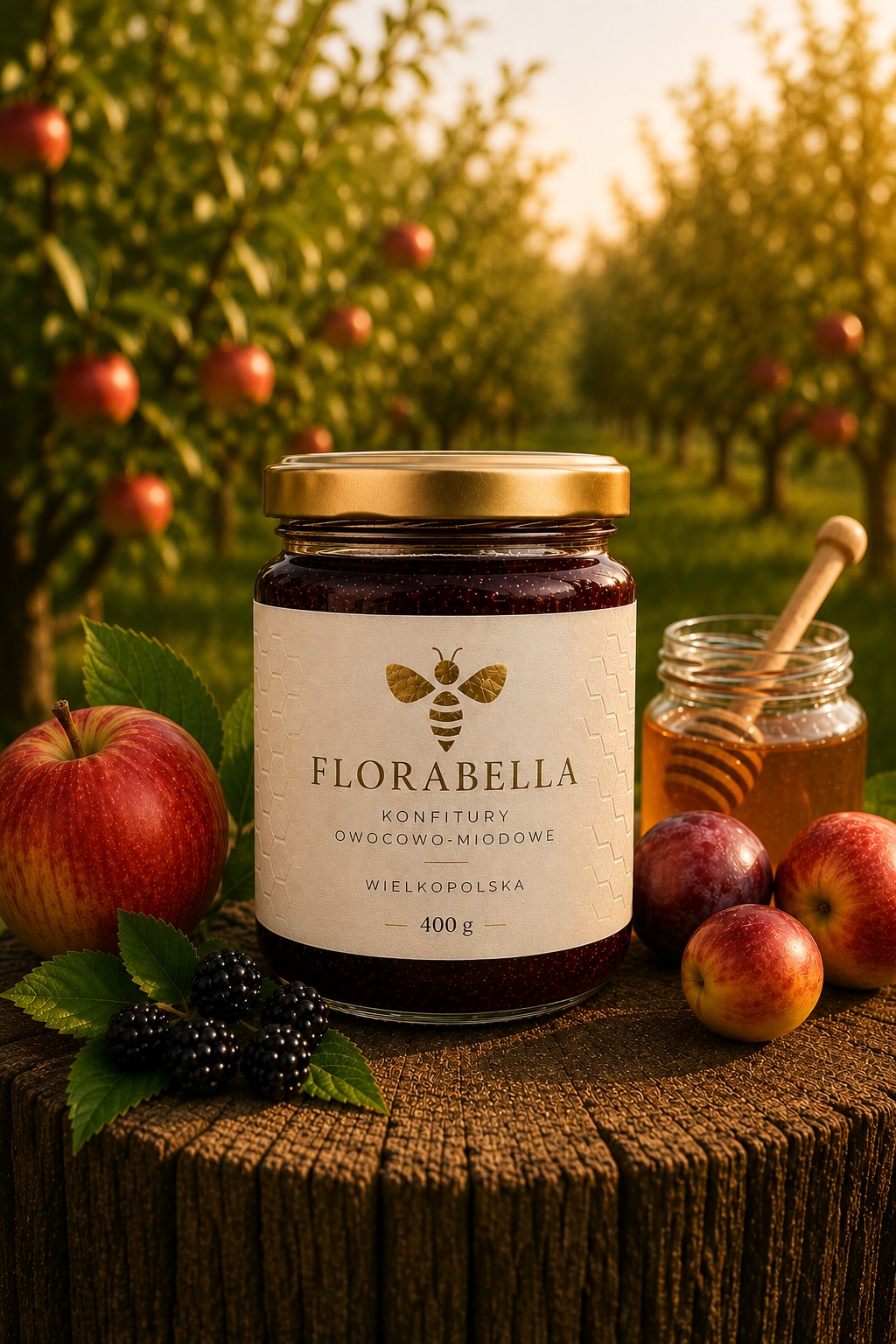 Jar of Florabella fruit preserve with apples, blackberries and honey on a wooden stump