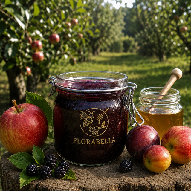 Jar of Florabella fruit preserve with apples, blackberries and honey on a wooden stump